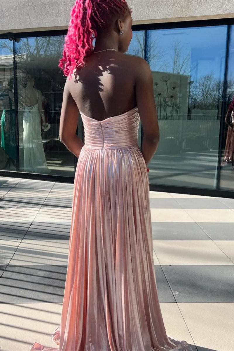 Metallic Strapless Pleated A-line Long Prom Dresses