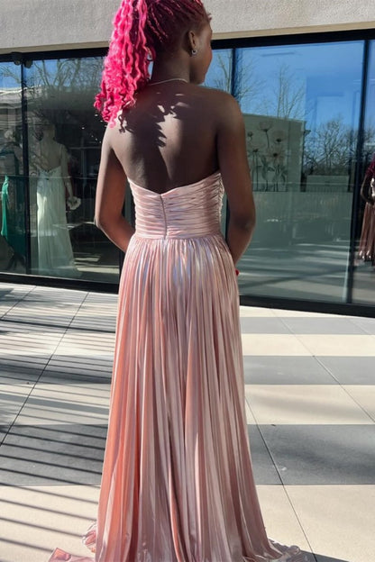 Metallic Strapless Pleated A-line Long Prom Dresses