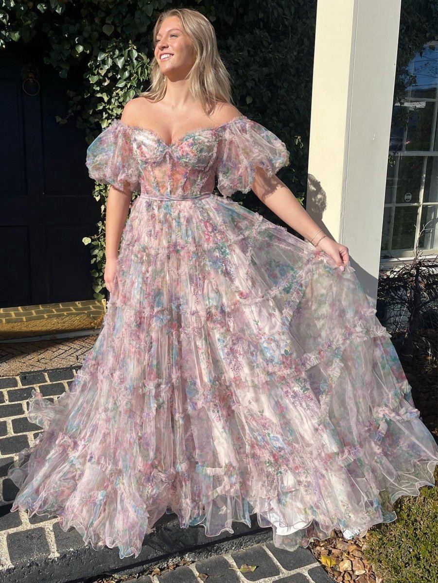 A-line Sweetheart Printed Tulle Long Prom Dresses