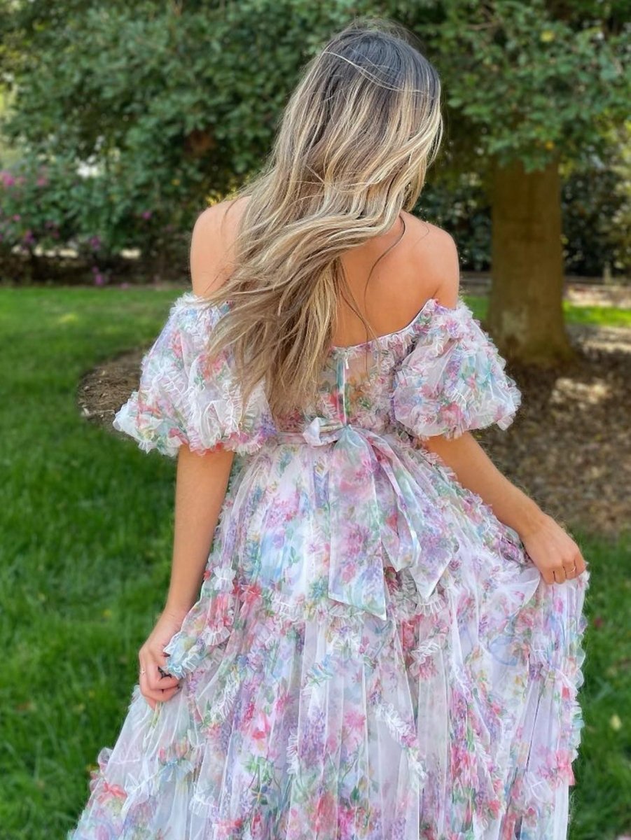 A-line Sweetheart Printed Tulle Long Prom Dresses