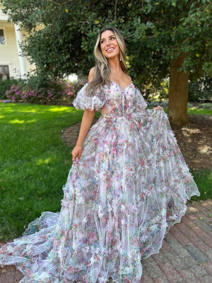 A-line Sweetheart Printed Tulle Long Prom Dresses