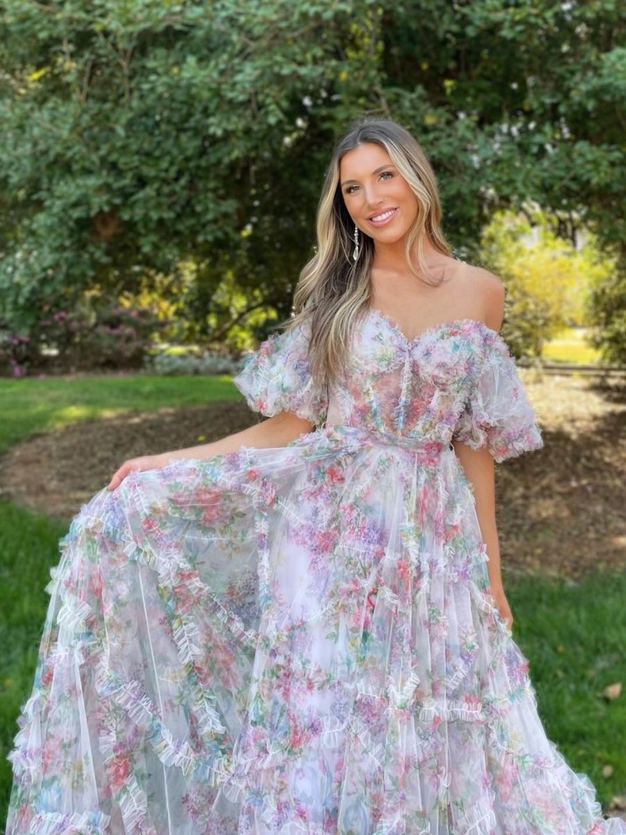 A-line Sweetheart Printed Tulle Long Prom Dresses