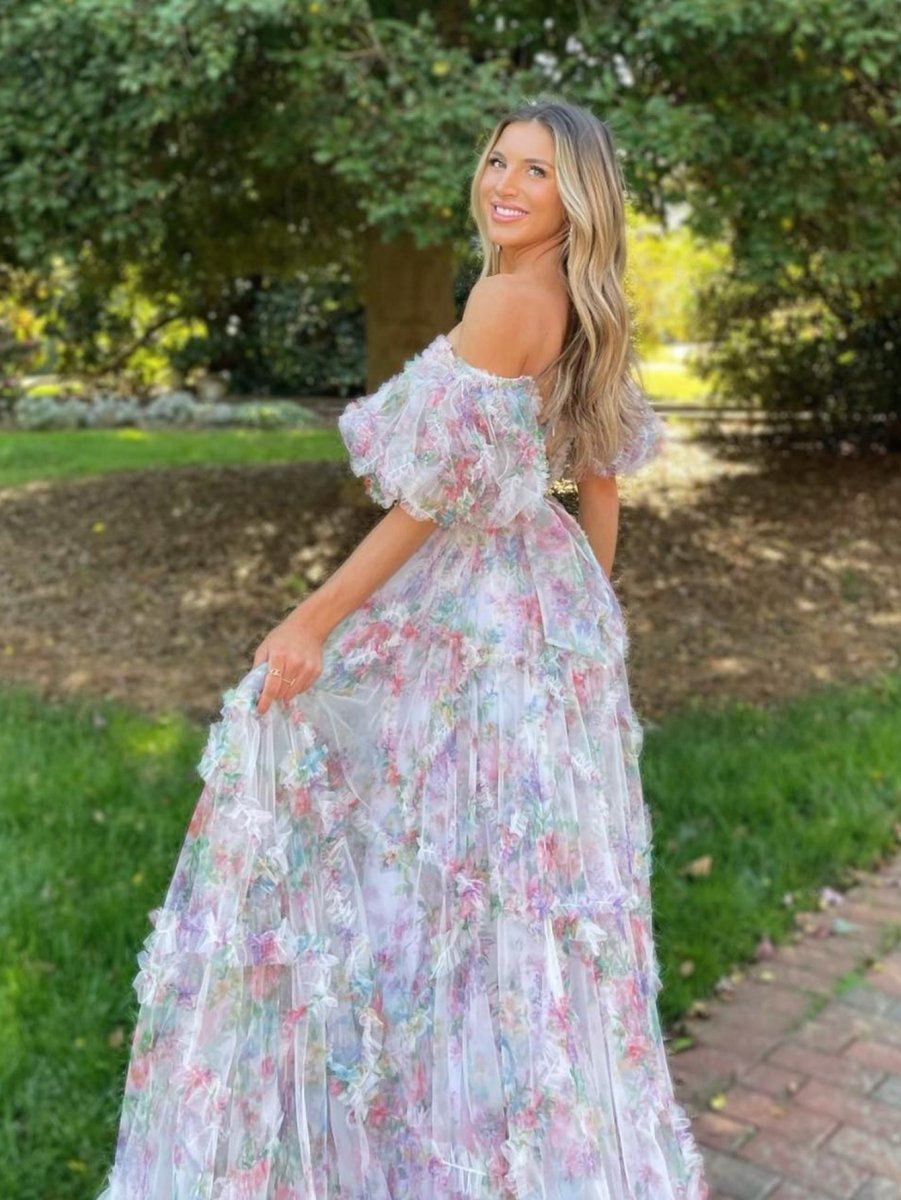 A-line Sweetheart Printed Tulle Long Prom Dresses