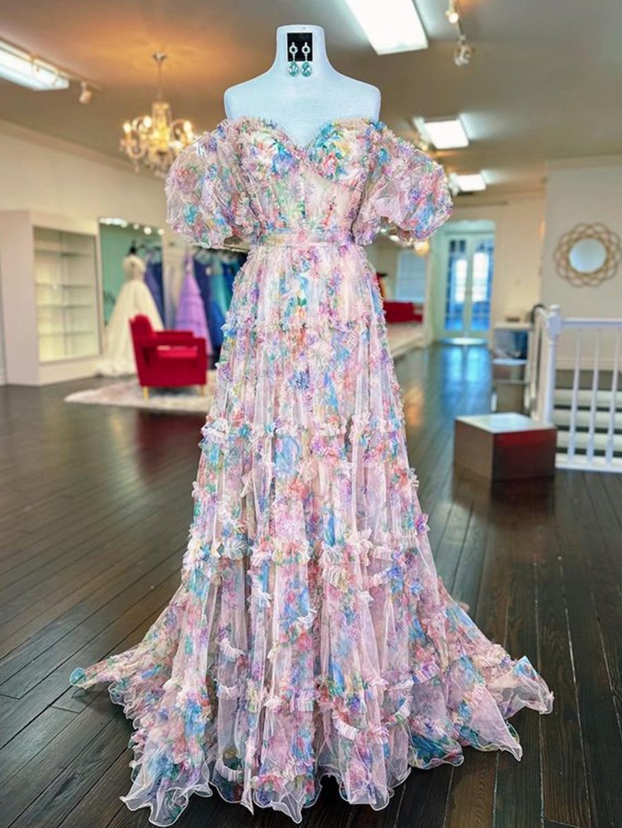 A-line Sweetheart Printed Tulle Long Prom Dresses