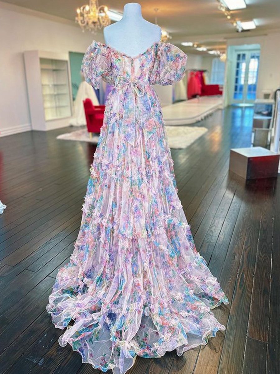 A-line Sweetheart Printed Tulle Long Prom Dresses