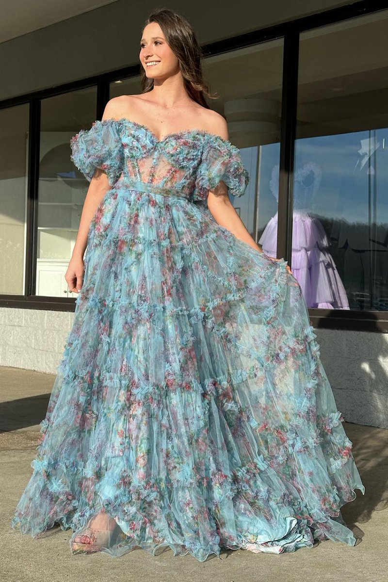A-line Sweetheart Printed Tulle Long Prom Dresses