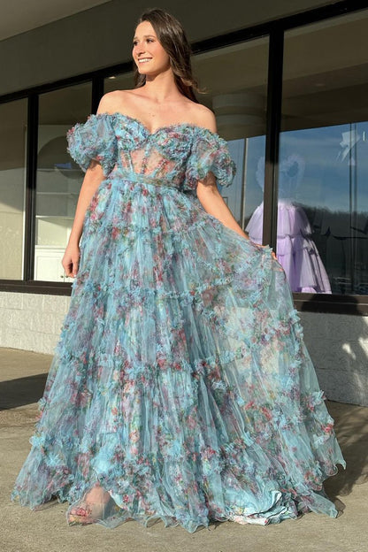 A-line Sweetheart Printed Tulle Long Prom Dresses