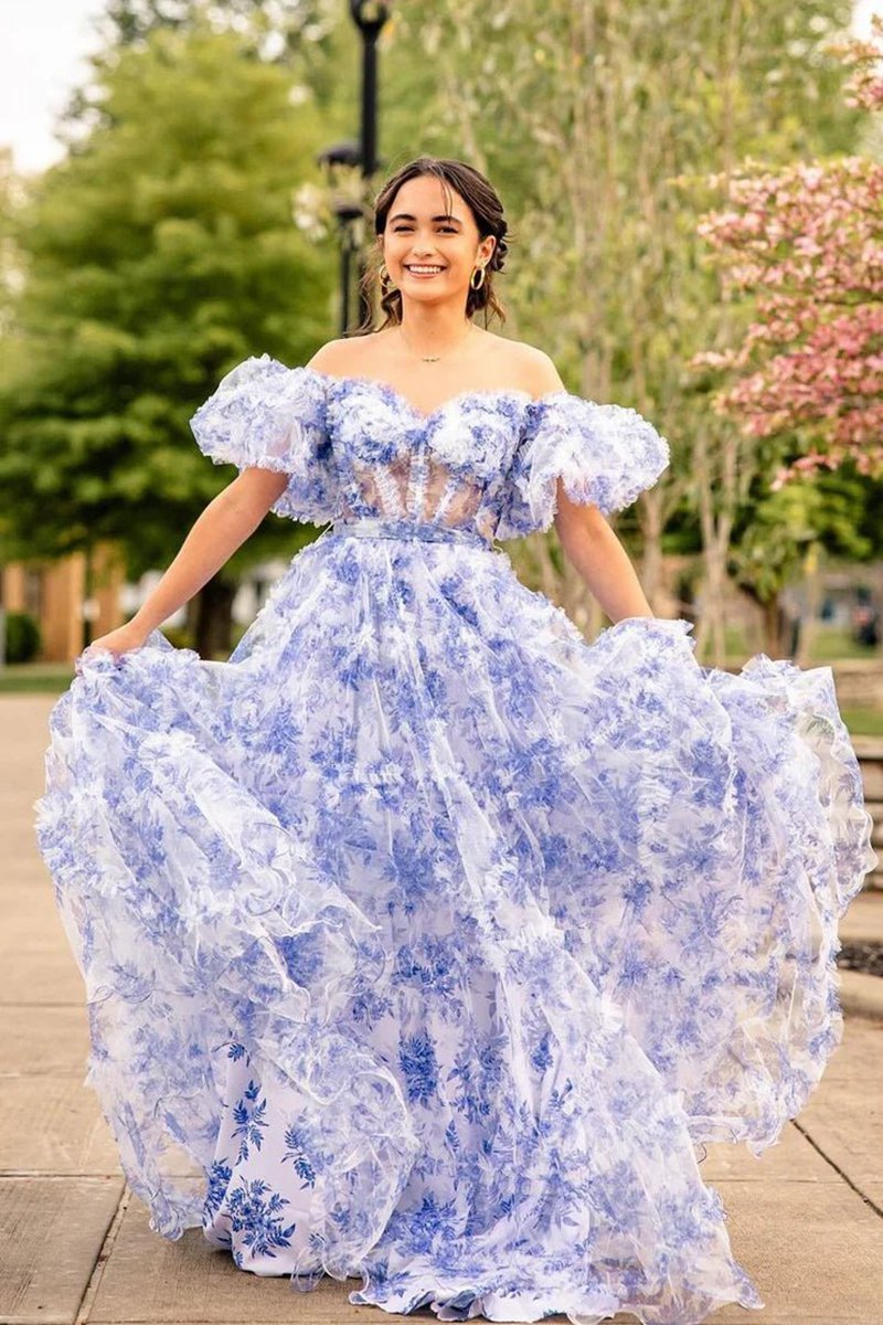 A-line Sweetheart Printed Tulle Long Prom Dresses