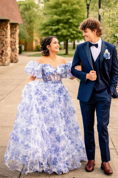 A-line Sweetheart Printed Tulle Long Prom Dresses