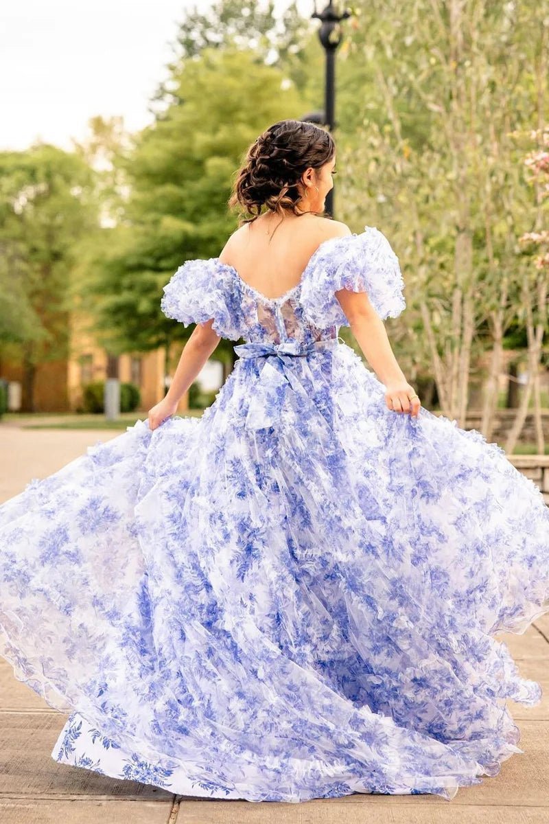 A-line Sweetheart Printed Tulle Long Prom Dresses