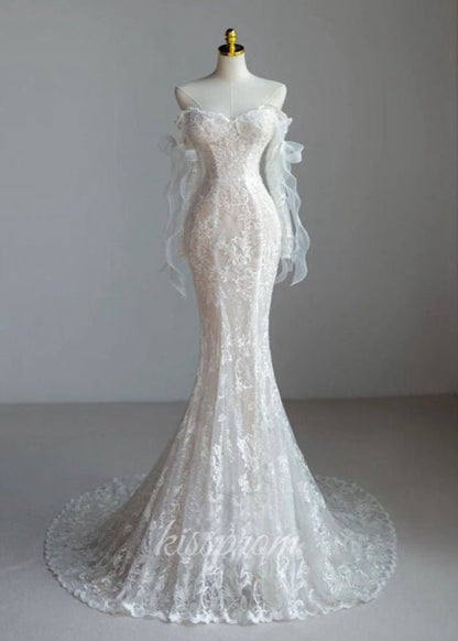 Lace Mermaid Covered-Button Long Sleeve Train Wedding Dresses