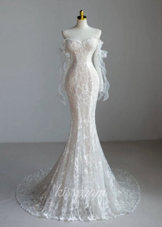 Lace Mermaid Covered-Button Long Sleeve Train Wedding Dresses