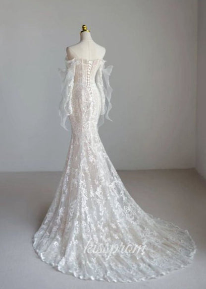 Lace Mermaid Covered-Button Long Sleeve Train Wedding Dresses