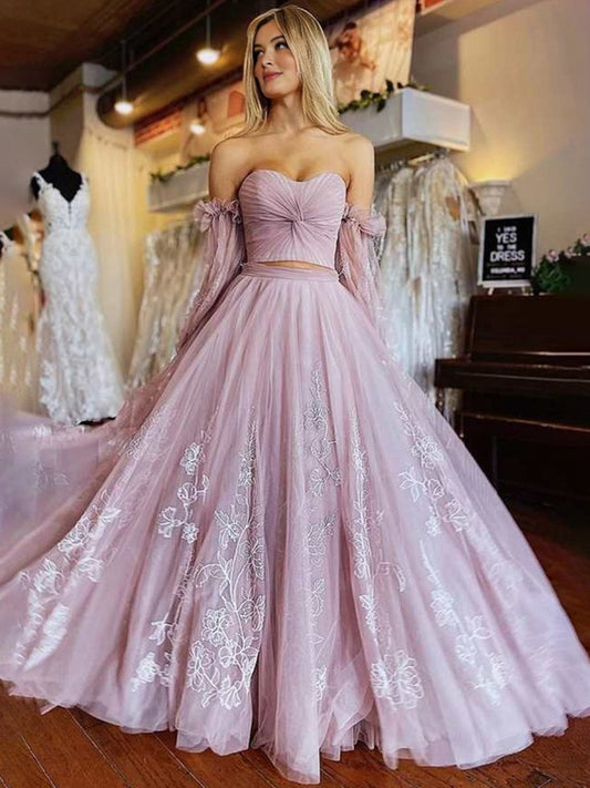 Two-Piece Dusty Strapless A-line Prom Dresses with Sleeves