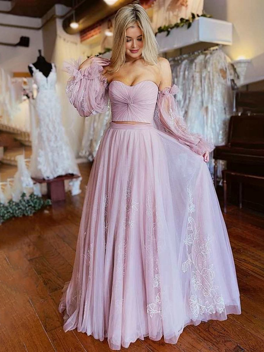 Two-Piece Dusty Strapless A-line Prom Dresses with Sleeves