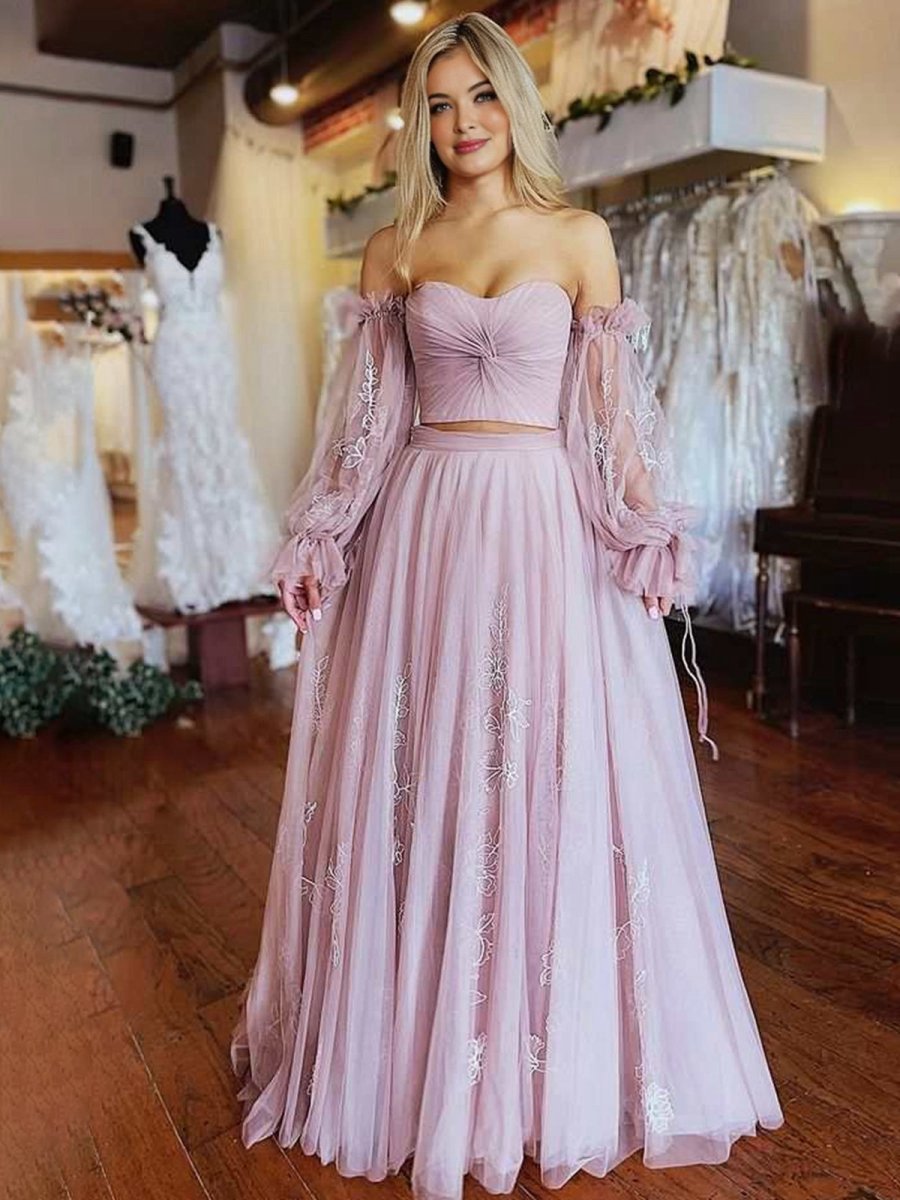 Two-Piece Dusty Strapless A-line Prom Dresses with Sleeves
