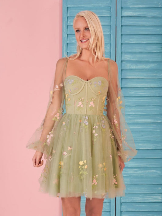 Sweetheart Embroidery Short-Length Tulle Puff Sleeves Cocktail Dresses