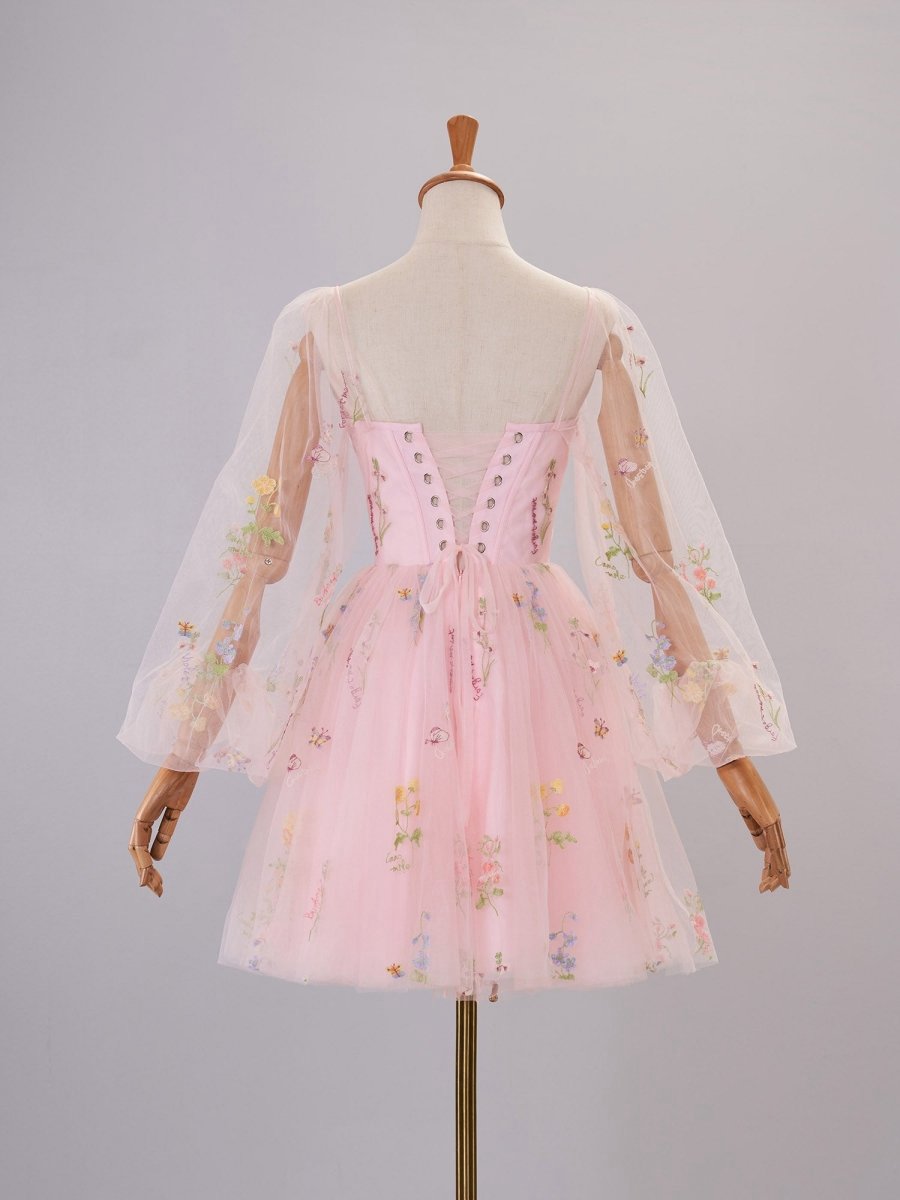 Sweetheart Embroidery Short-Length Tulle Puff Sleeves Cocktail Dresses