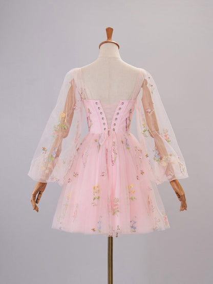 Sweetheart Embroidery Short-Length Tulle Puff Sleeves Cocktail Dresses