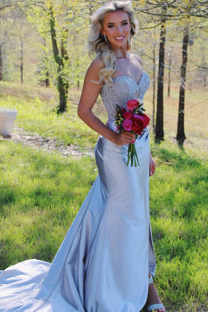 Strapless Lace Mermaid Long Prom Dresses with Slit