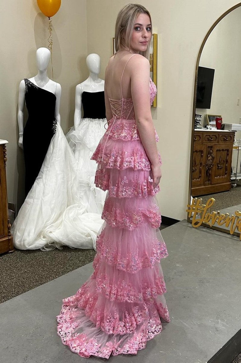 Glitter Appliques Lace-Up Ruffle Tie Long Dresses with Slit