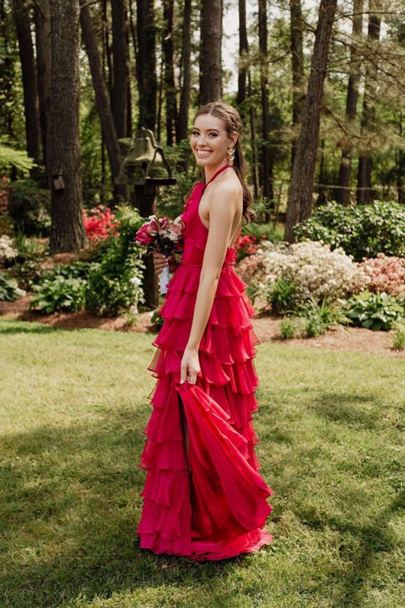 Halter Keyhole Ruffle Tie Prom Dresses with Slit