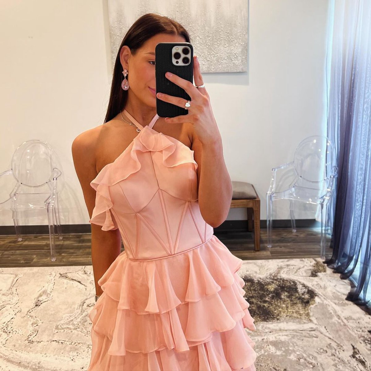 Halter Keyhole Ruffle Tie Prom Dresses with Slit