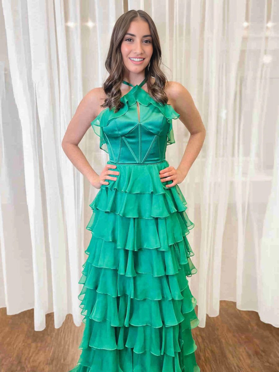 Halter Keyhole Ruffle Tie Prom Dresses with Slit