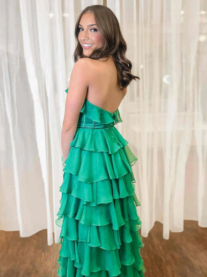 Halter Keyhole Ruffle Tie Prom Dresses with Slit