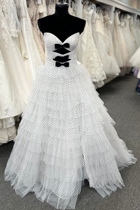Polka Dot Strapless Ruffle Tie Prom Gown with Keyholes