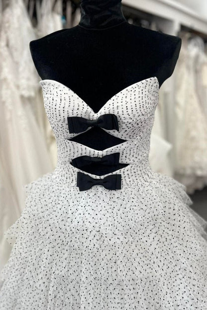 Polka Dot Strapless Ruffle Tie Prom Gown with Keyholes