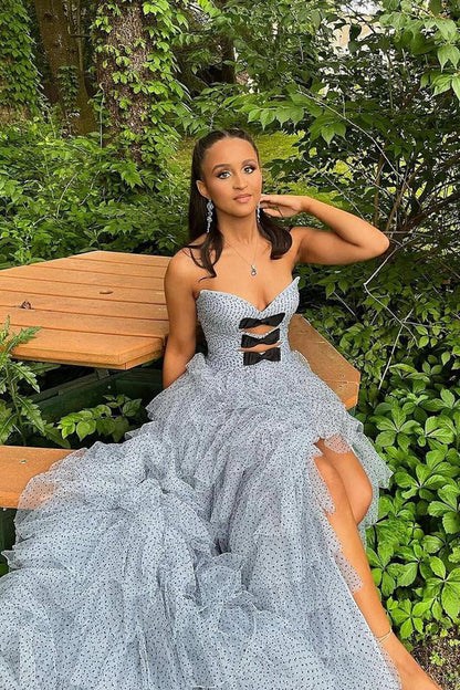 Polka Dot Strapless Ruffle Tie Prom Gown with Keyholes