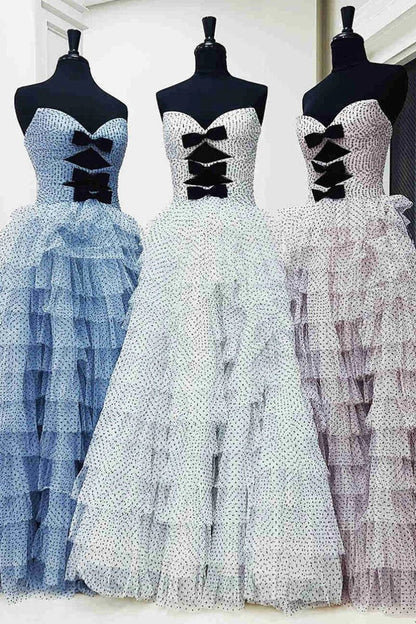 Polka Dot Strapless Ruffle Tie Prom Gown with Keyholes