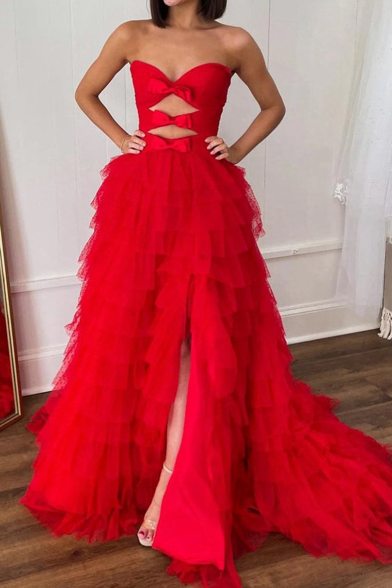 Polka Dot Strapless Ruffle Tie Prom Gown with Keyholes