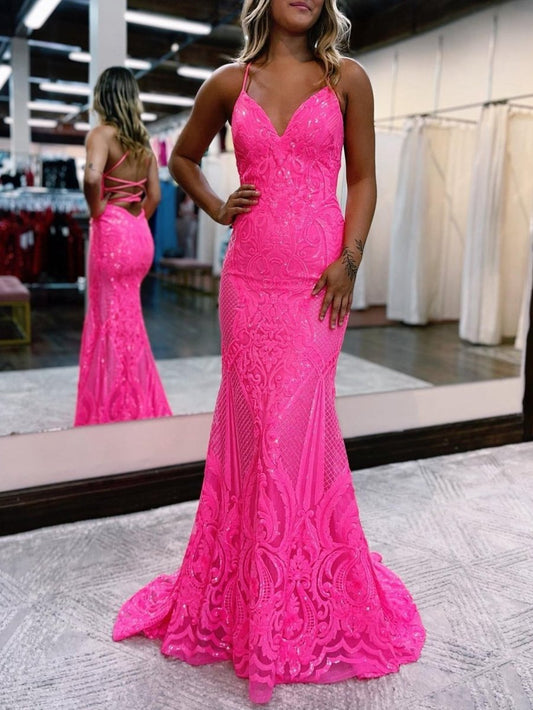 V Neck Glitter Backless Mermaid Bodycon Long Prom Dresses