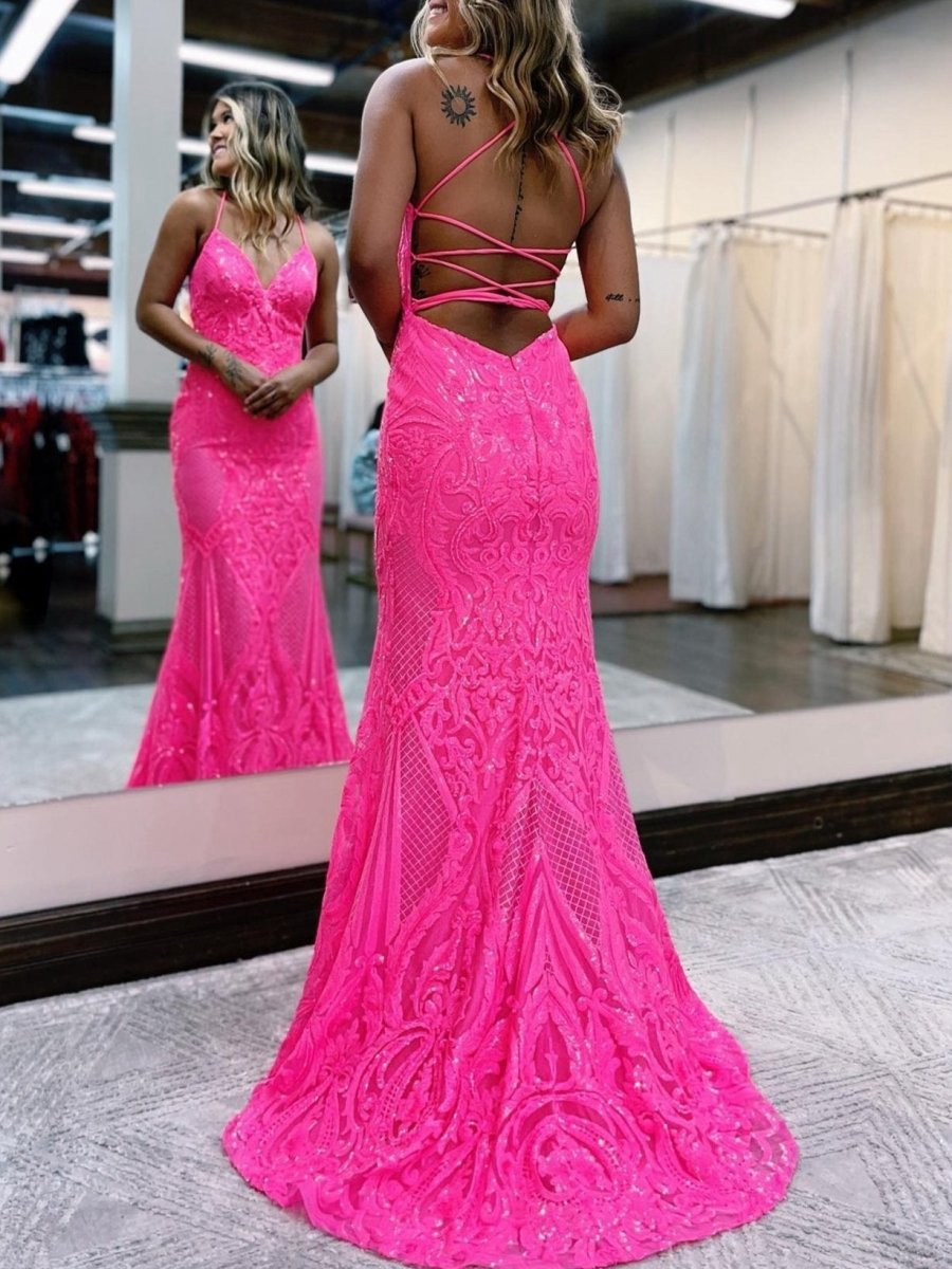 V Neck Glitter Backless Mermaid Bodycon Long Prom Dresses
