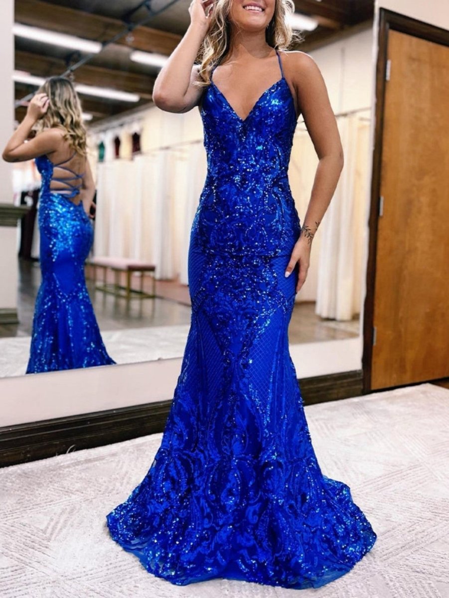 V Neck Glitter Backless Mermaid Bodycon Long Prom Dresses
