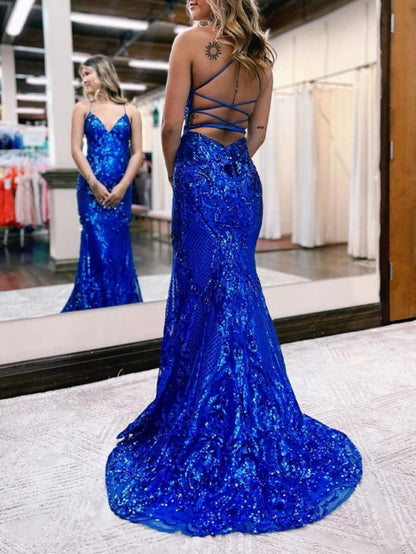 V Neck Glitter Backless Mermaid Bodycon Long Prom Dresses