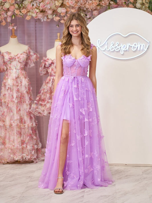 A-line Butterfly Lace Corset Prom Dresses with Slit