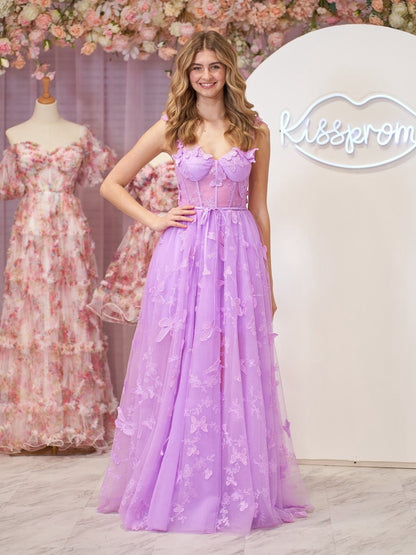 A-line Butterfly Lace Corset Prom Dresses with Slit