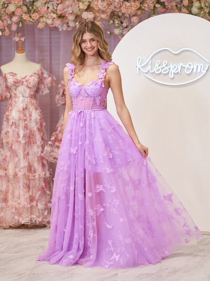 A-line Butterfly Lace Corset Prom Dresses with Slit