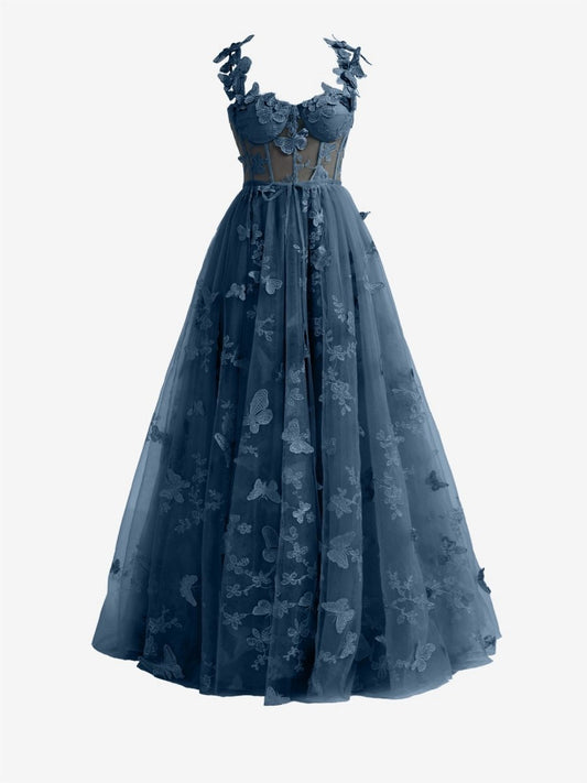 A-line Butterfly Lace Corset Prom Dresses with Slit