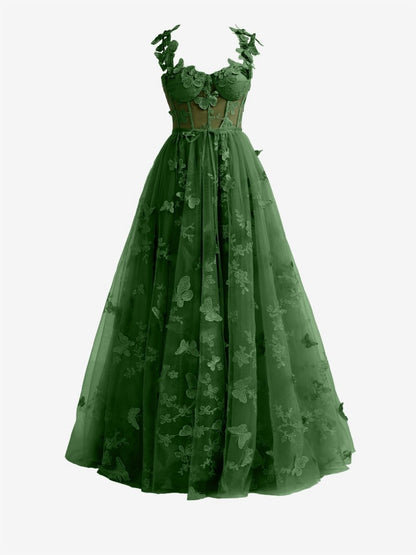 Teal A-line Butterfly Lace Corset Prom Dresses with Slit