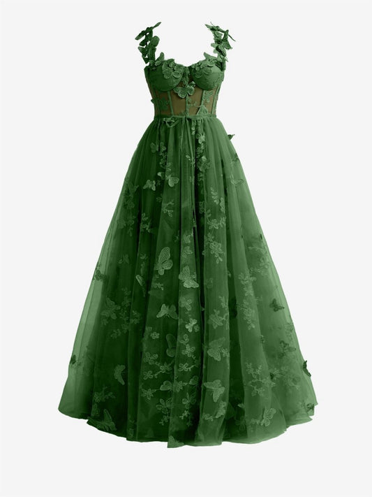 Teal A-line Butterfly Lace Corset Prom Dresses with Slit
