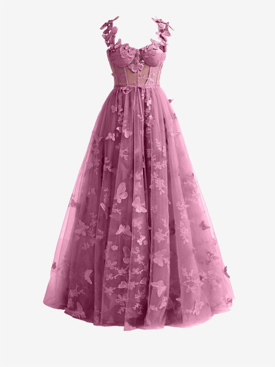 Candy A-line Butterfly Lace Corset Prom Dresses with Slit