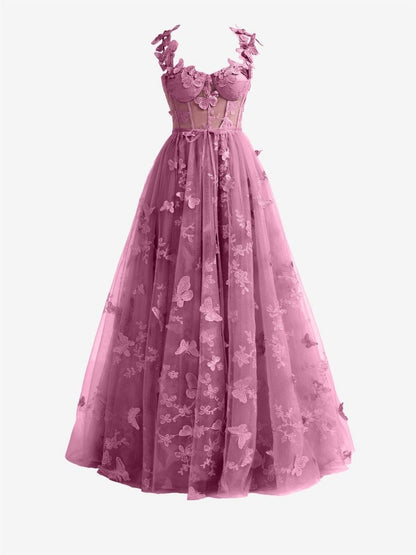 Candy A-line Butterfly Lace Corset Prom Dresses with Slit