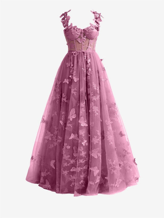Candy A-line Butterfly Lace Corset Prom Dresses with Slit