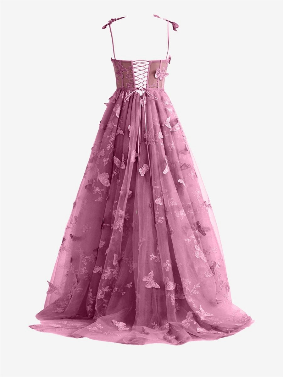 Candy A-line Butterfly Lace Corset Prom Dresses with Slit