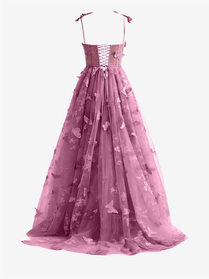 Candy A-line Butterfly Lace Corset Prom Dresses with Slit