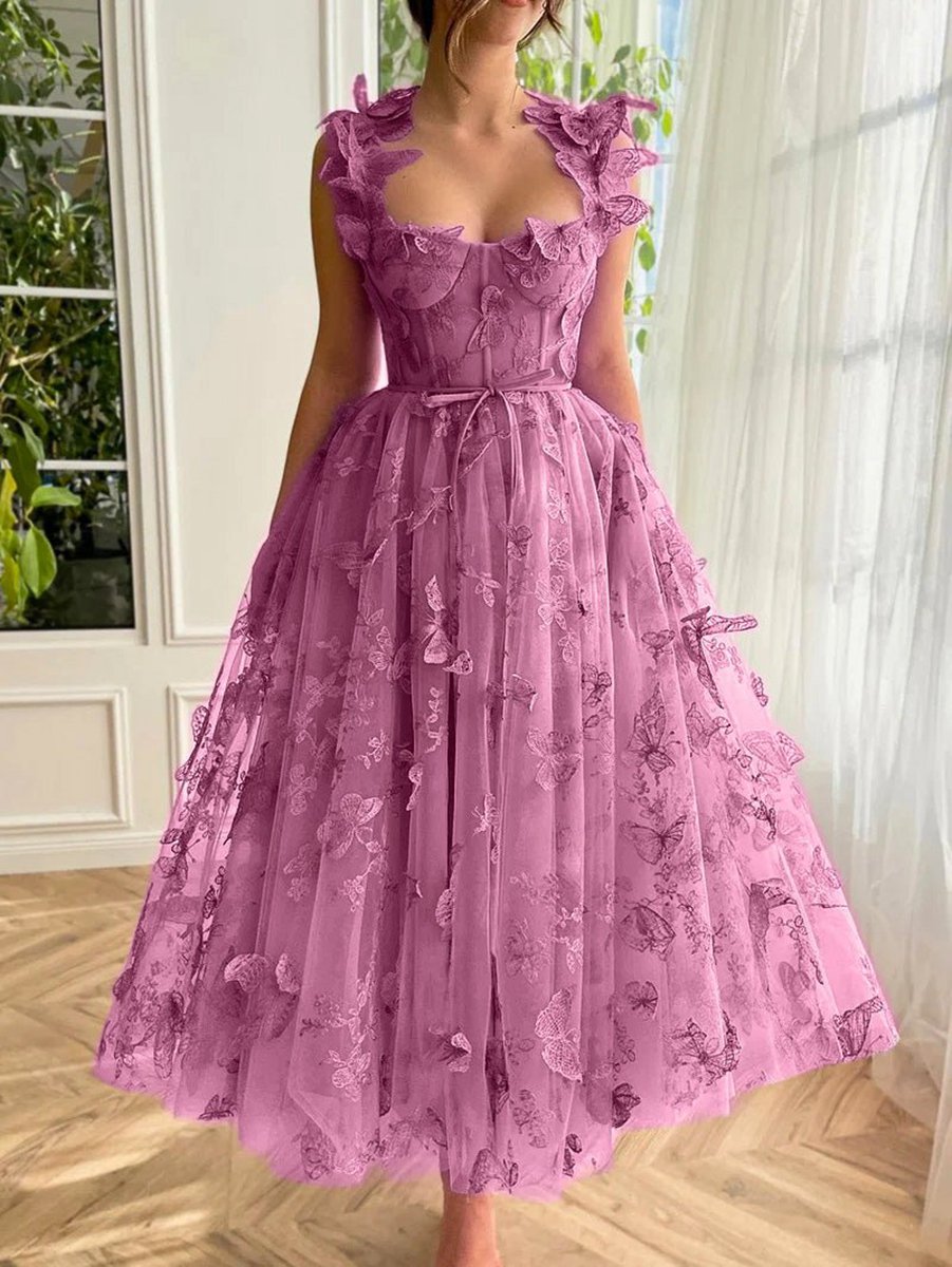 Candy A-line Butterfly Lace Corset Prom Dresses with Slit